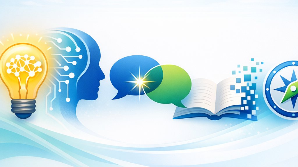 Illustration of a lightbulb, a thinking head, speech bubbles, an open book, and a compass
